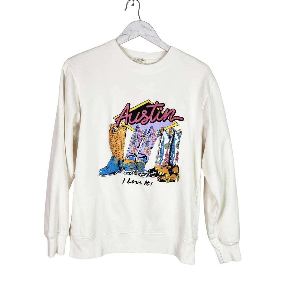 JOHN GALT Sweatshirt Womens One Size White Austin Texas‎ Boots Graphic Pullover